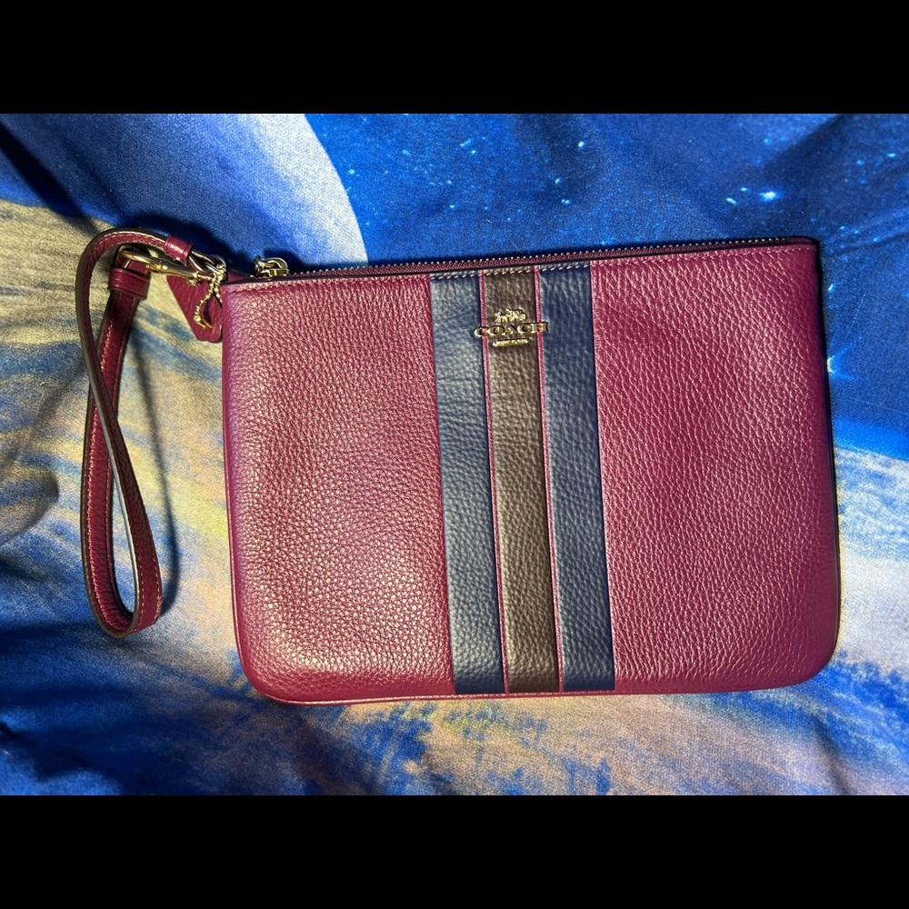 Coach Leather Wristlet Pouch Dark Berry